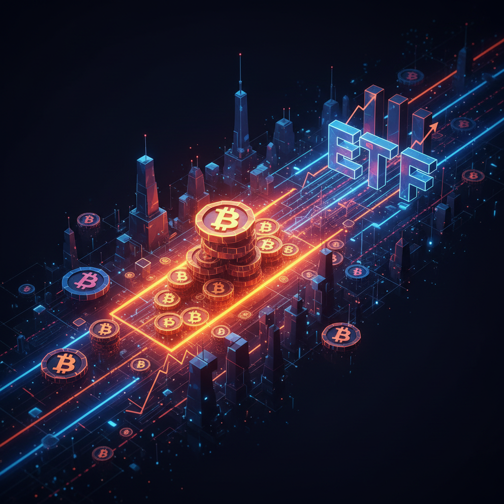 Digital financial data charts showing massive Bitcoin ETF inflows with orange neon highlights.