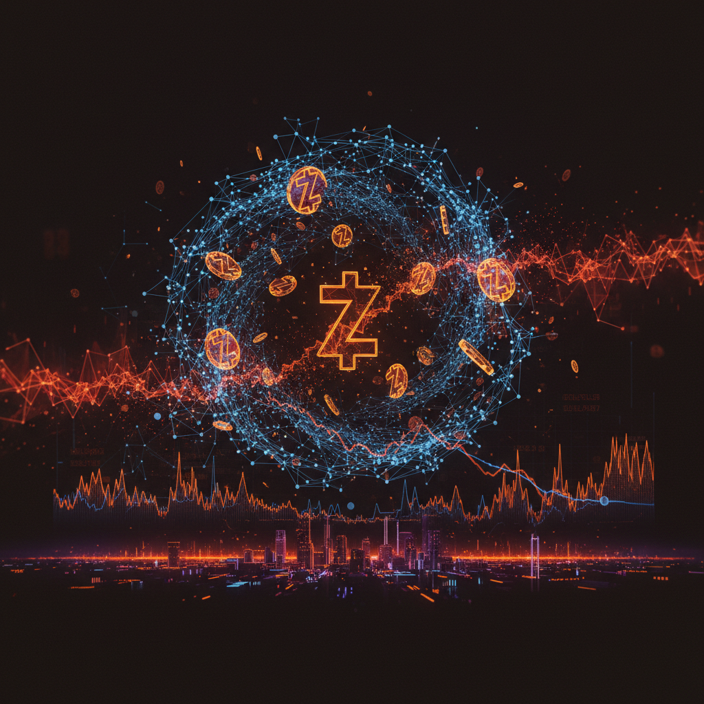 Bearish trading charts collapsing in flames symbolizing a Zcash short liquidation event.