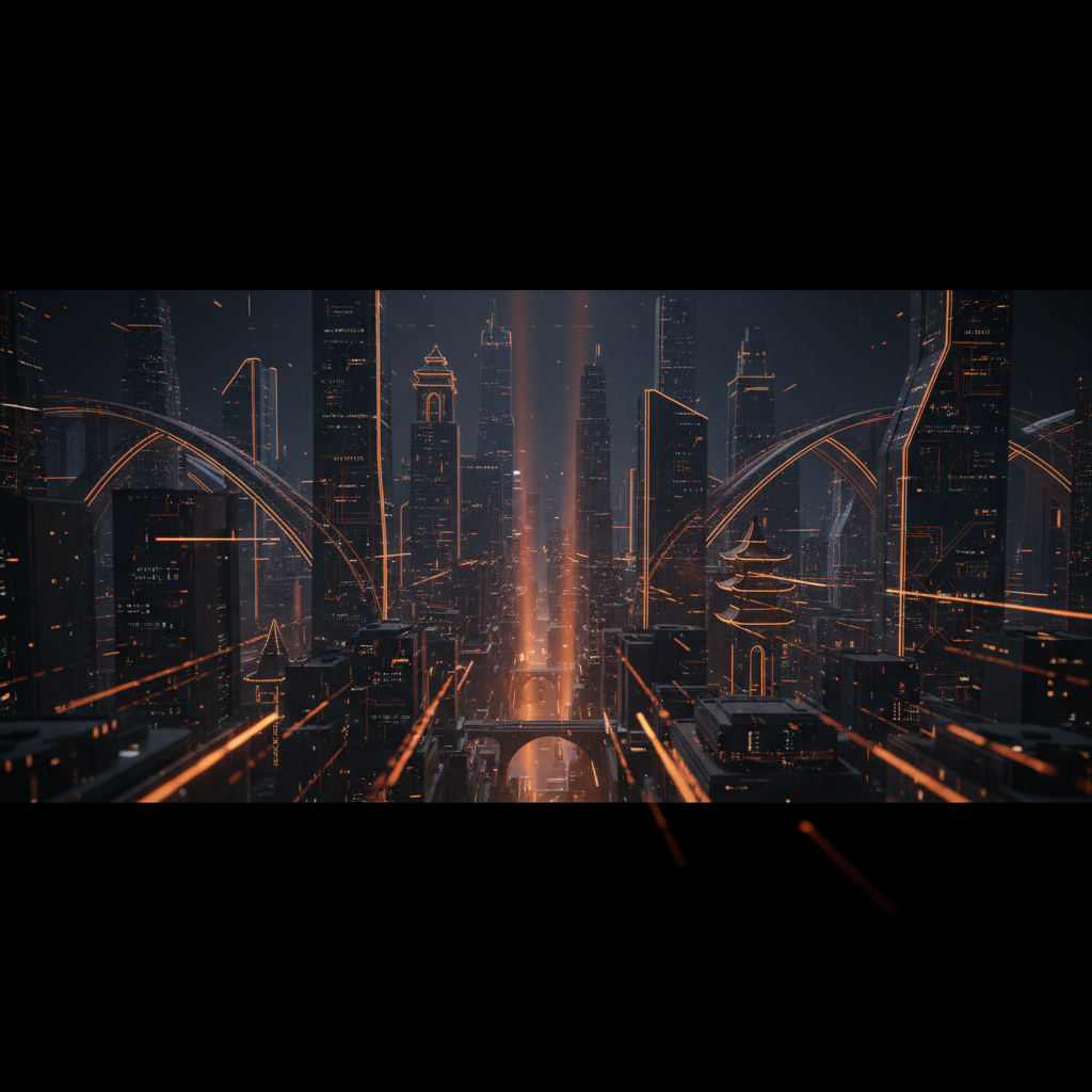 Futuristic skyline illustrating Vietnam crypto regulations with glowing digital networks and amber lights.