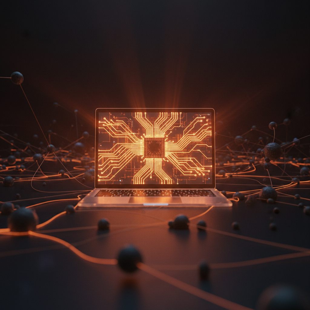 Personal computing setup highlighting local AI privacy with bright orange neon network lines.