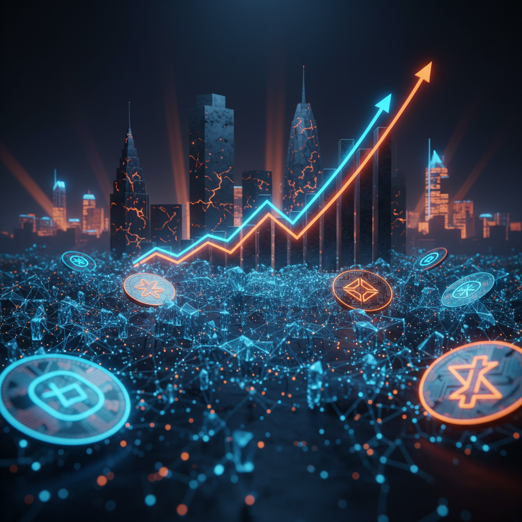 Abstract corporate banking vault connecting tokenized deposits across institutional distributed ledgers in neon