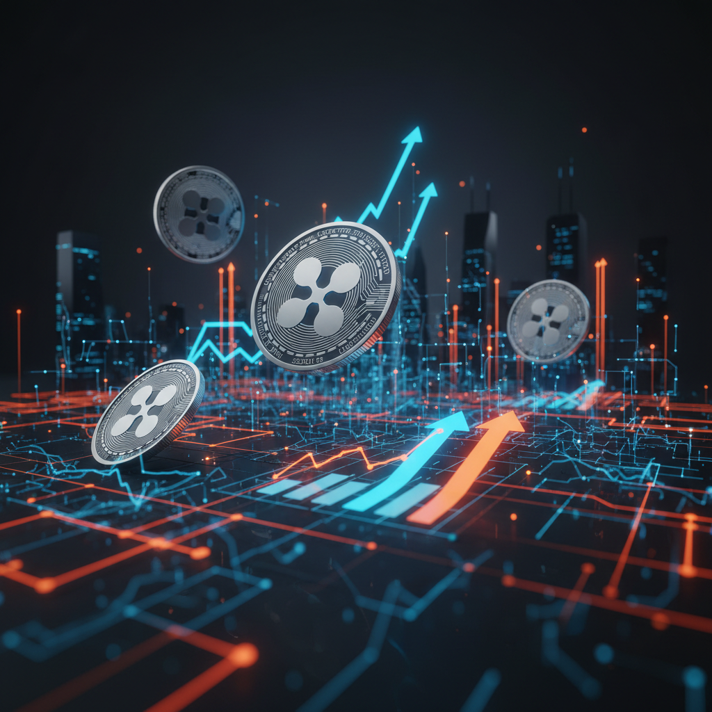 Futuristic network matrix illustrating rapid XRP Ledger activity during a market rebound