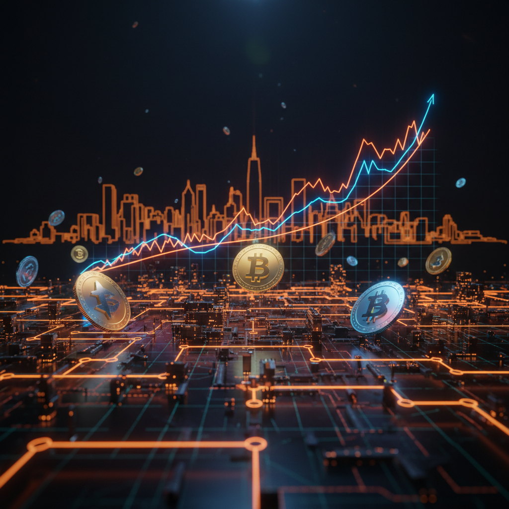 A modern conference stage focusing on digital asset compliance with orange neon ambient light.