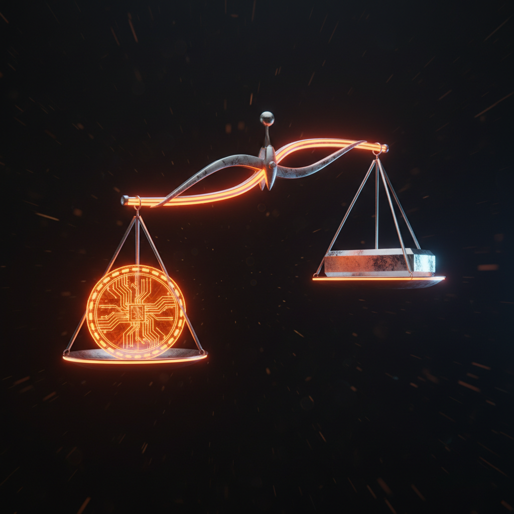 Abstract glowing scale comparing Bitcoin ETFs vs gold in a dark room with orange neon lighting.