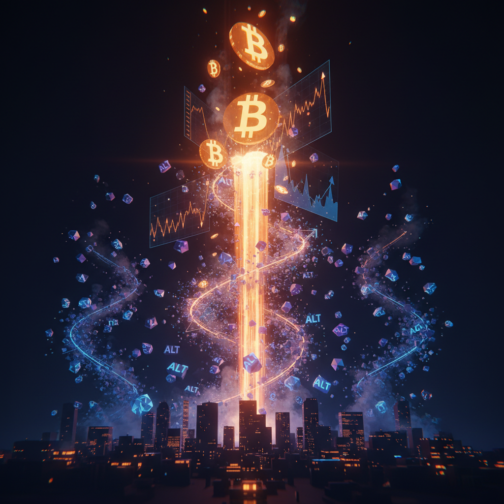 Digital glowing charts illustrating Bitcoin market dominance over speculative altcoins on dark screen.