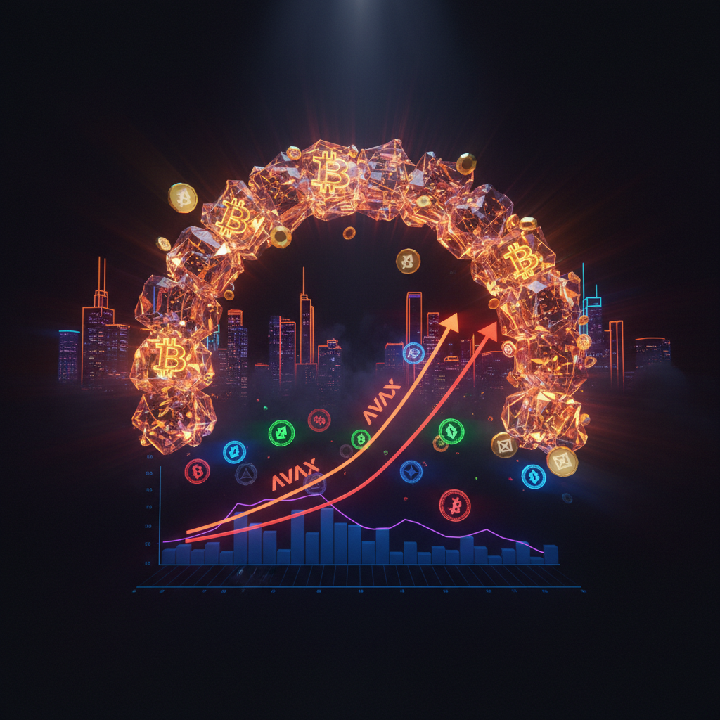 Trading chart displaying a Bitcoin price correction with glowing orange indicators in dark setting.