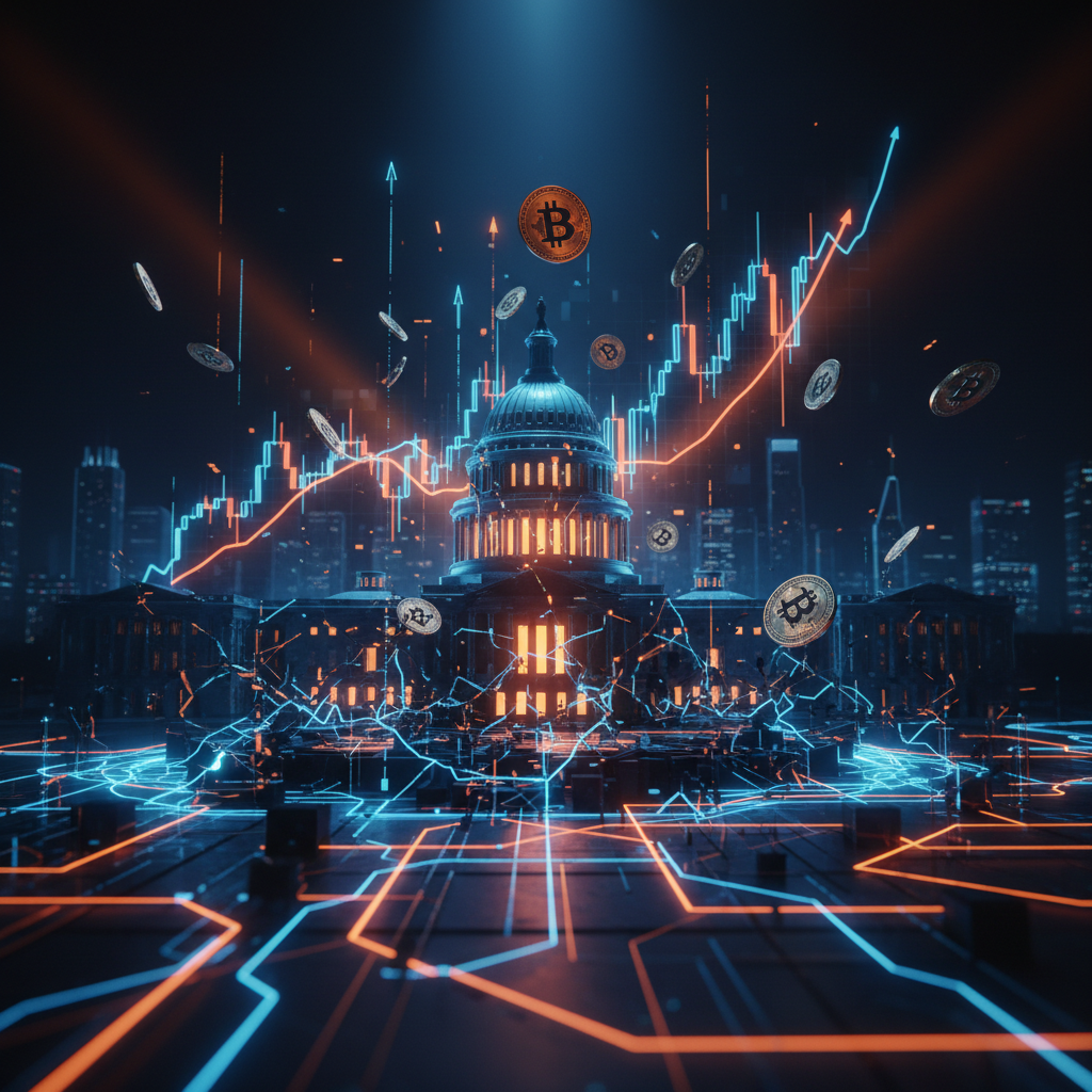 Lawmakers debating the Clarity Act crypto bill in a futuristic legislative chamber with orange glowing lines.