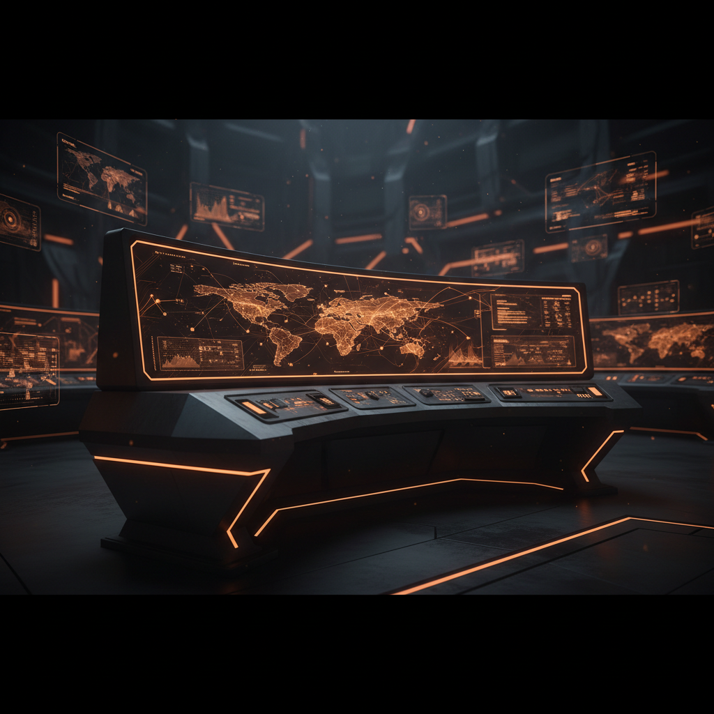 Futuristic digital command room representing the Trump AI Force initiative with orange neon holographic displays.