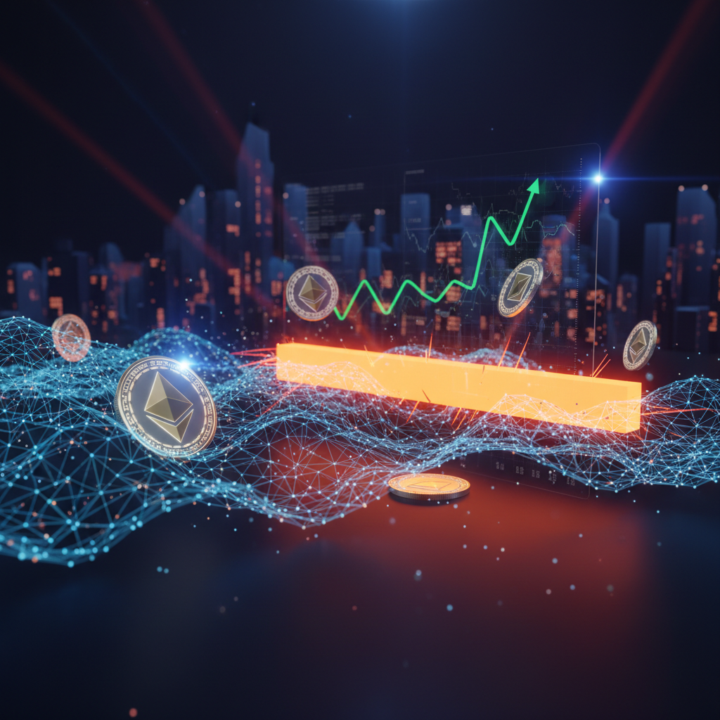 Luminous Ethereum cryptocurrency symbol over dark digital charts illustrating the Ethereum price retreat.