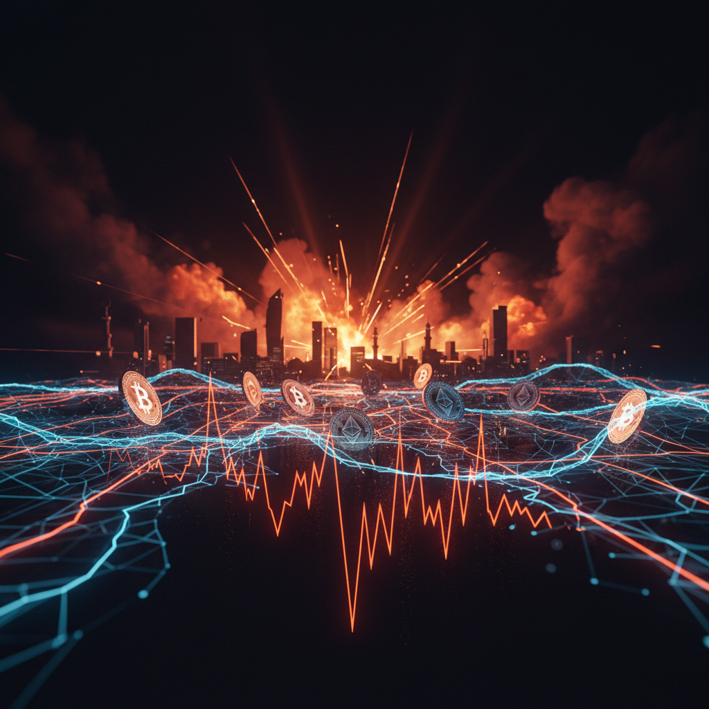 Graph showing the crypto market weekend drop illuminated with vivid orange lines against dark backdrop.
