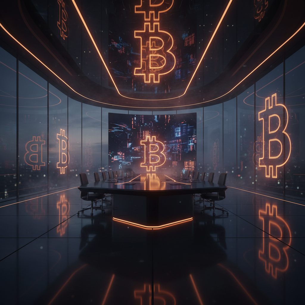 A corporate desk displaying charts of MicroStrategy Bitcoin purchases with glowing orange highlights.