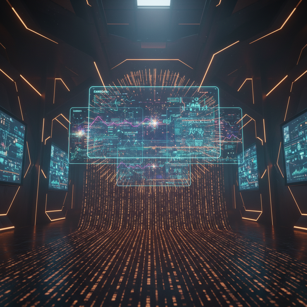 Futuristic financial trading terminal illustrating the Monochrome Exchange IEO launch with orange neon data.