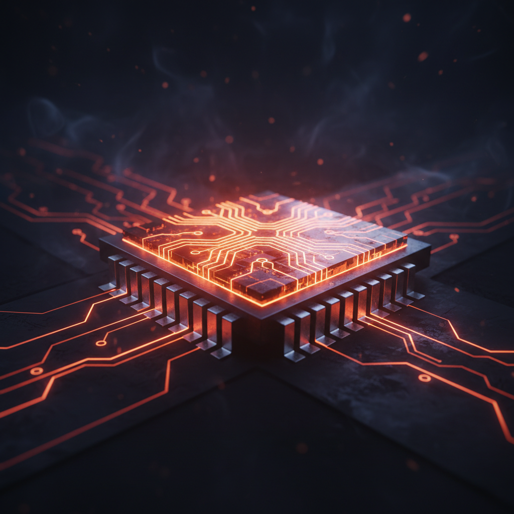 Futuristic computer processor glowing with orange light illustrating Nvidia AI production expansion.