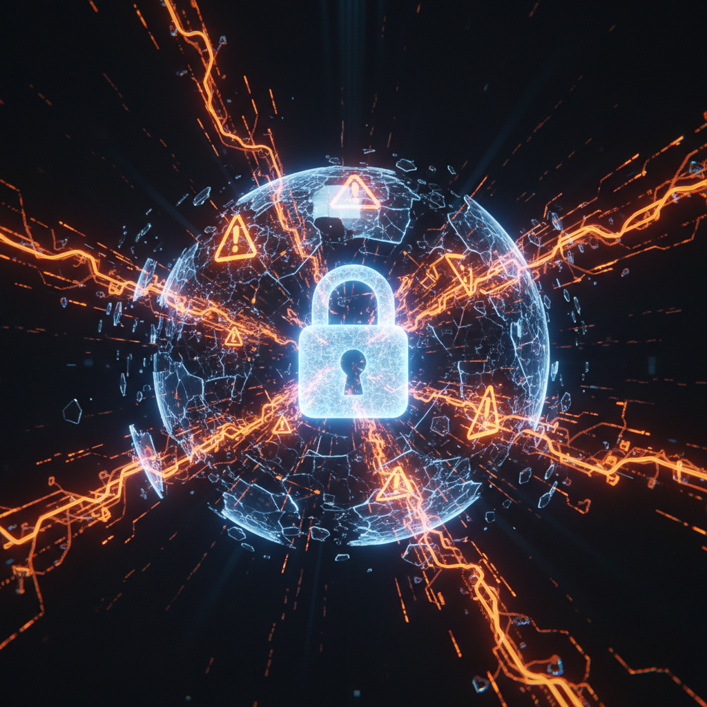 Futuristic security shield and network warning system depicting the Polymarket fraud attempt mitigation.