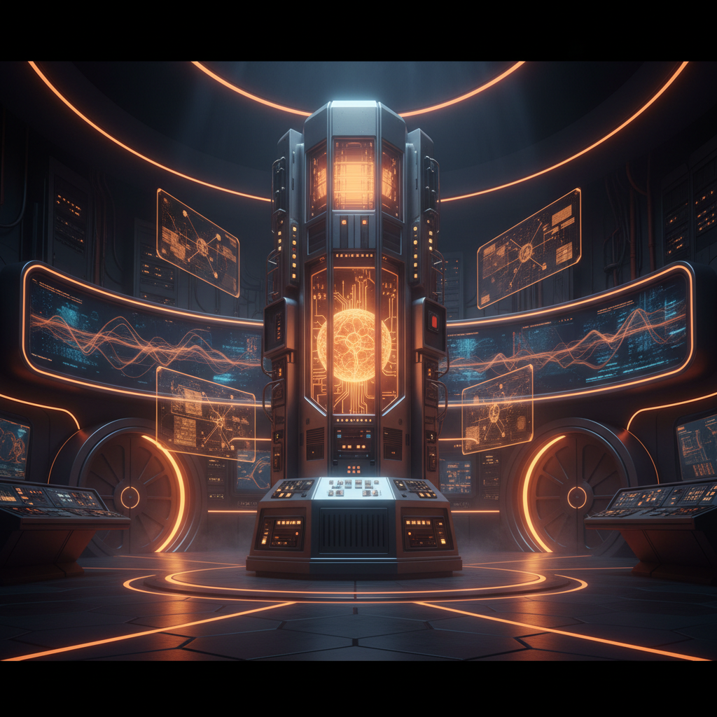Historic navigation hardware featured in the Apollo computer Bitcoin mining experiment with orange neon lighting.