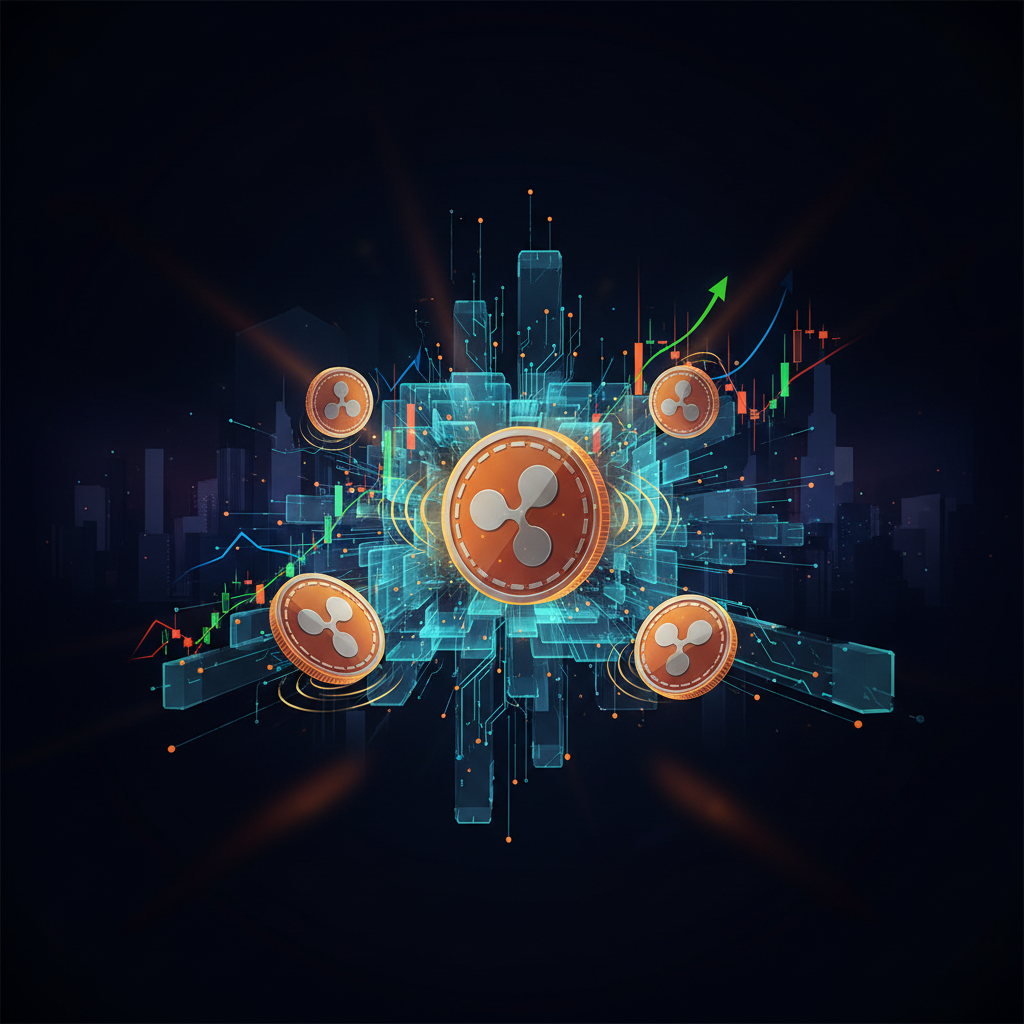 A glowing futuristic stage representing the Ripple Swell agenda in a dark hall.