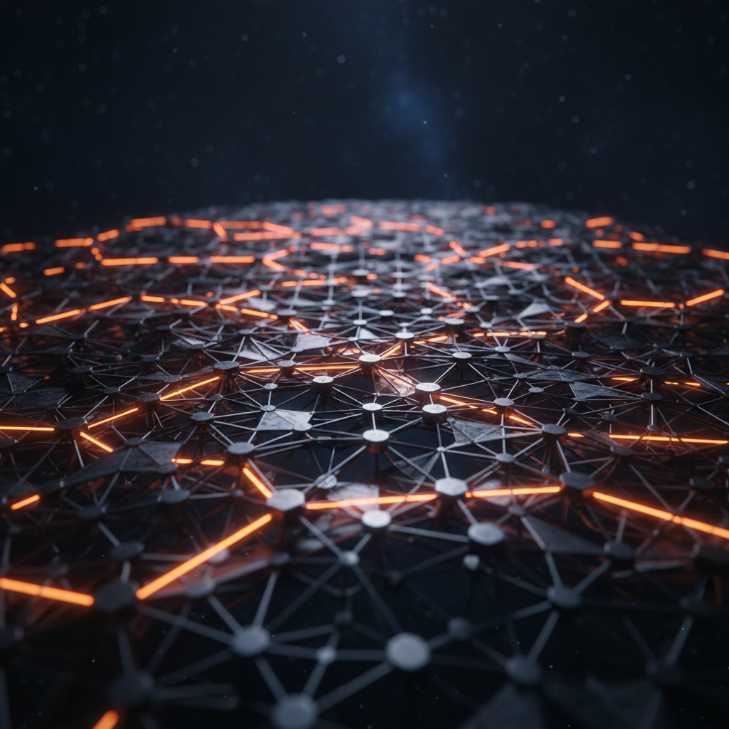 Digital network nodes illuminated during a Shibarium network upgrade with orange neon highlights.