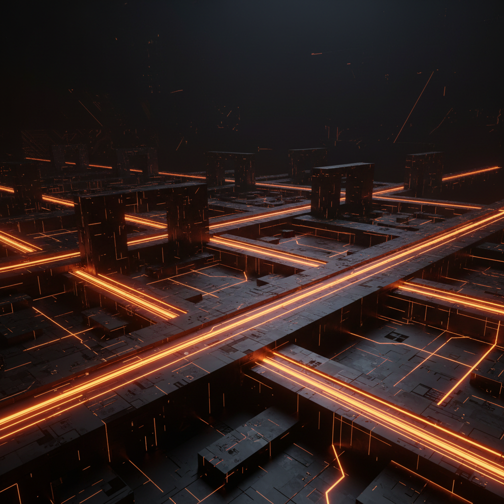 Abstract visualization of Solana block speed with rapid orange neon data streams on dark background.