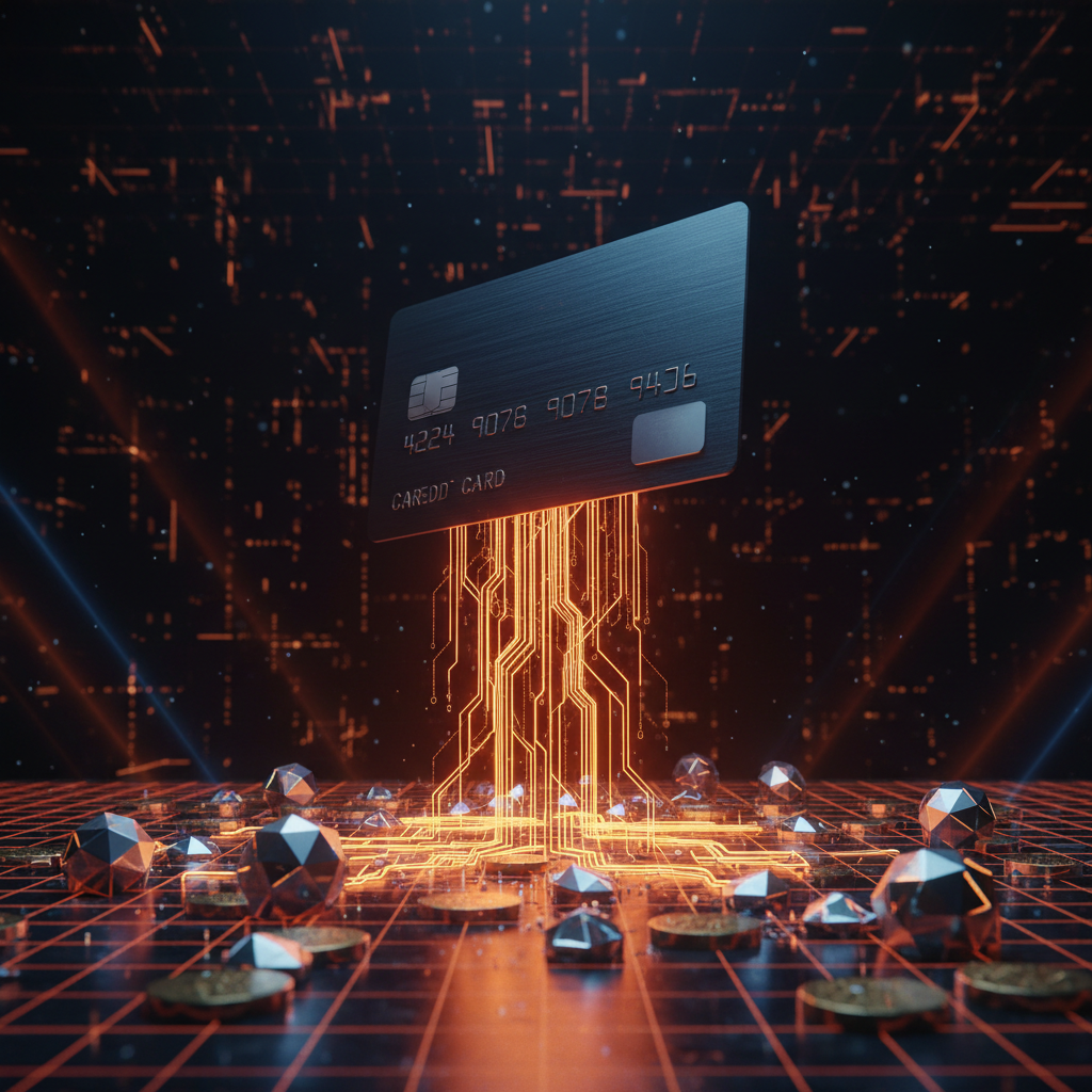 Credit card processing graphic with orange neon digital coins showing meme coin credit rewards restrictions.