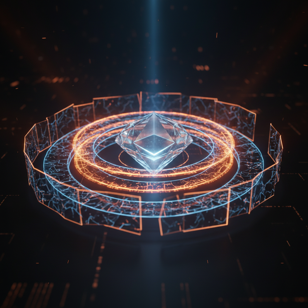 Glowing digital shields representing Ethereum privacy features in a modern blockchain network.
