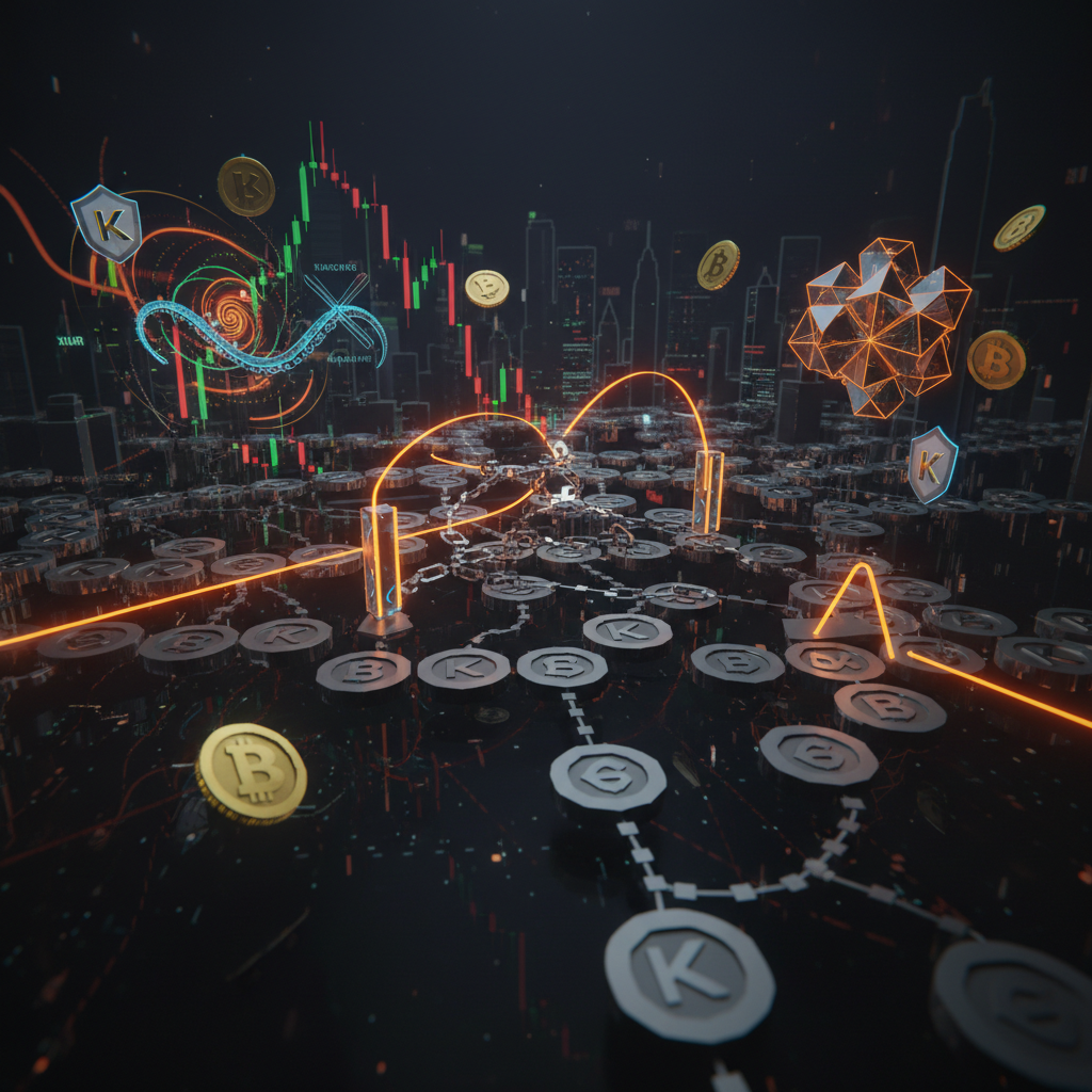 A digital trading screen showing a crypto market recap with orange neon analytics charts.