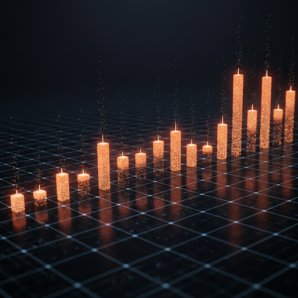 A glowing financial candlestick chart showing a Zcash price rally on a dark background.
