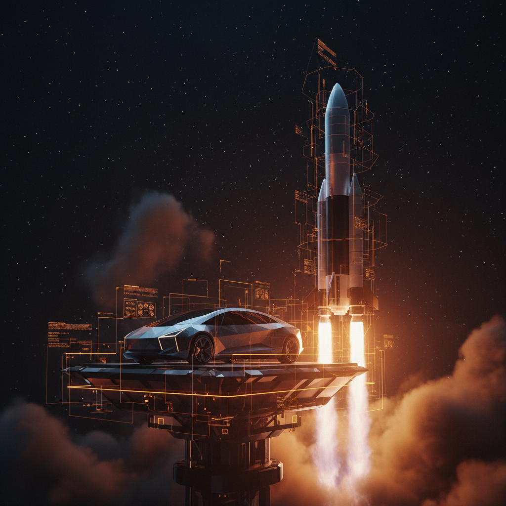 Futuristic aerospace and automotive concept art representing a possible Tesla SpaceX merger in orange neon tones.
