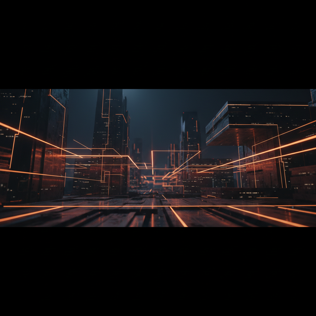 Futuristic technology towers connected by orange digital pathways for Apple and Google crypto recruitment.