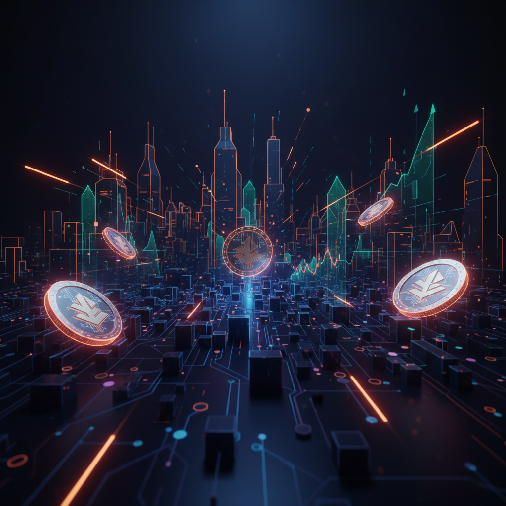 Smartphone payment graphic illustrating Apple stablecoin integration concepts with glowing orange accents on dark backgr