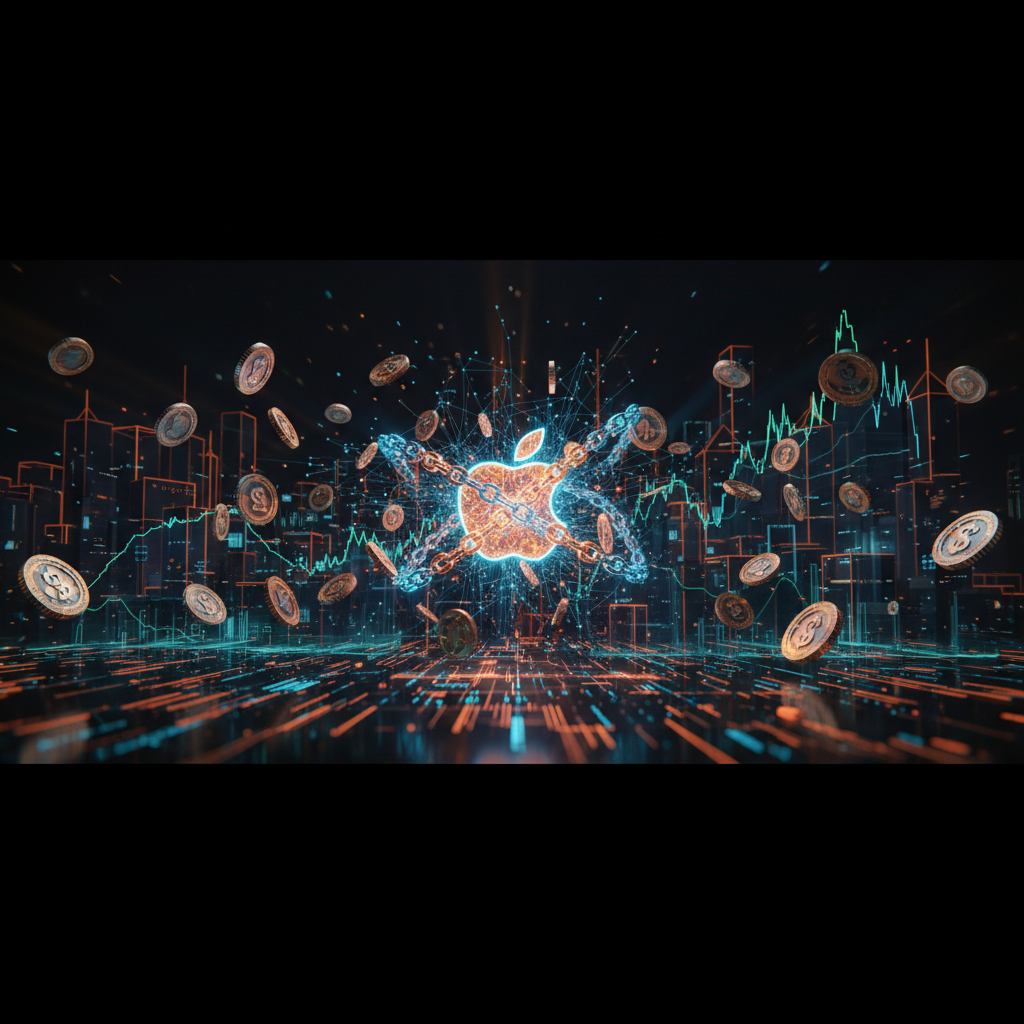 Futuristic smartphone displaying glowing nodes representing Apple stablecoin integration on a dark background.