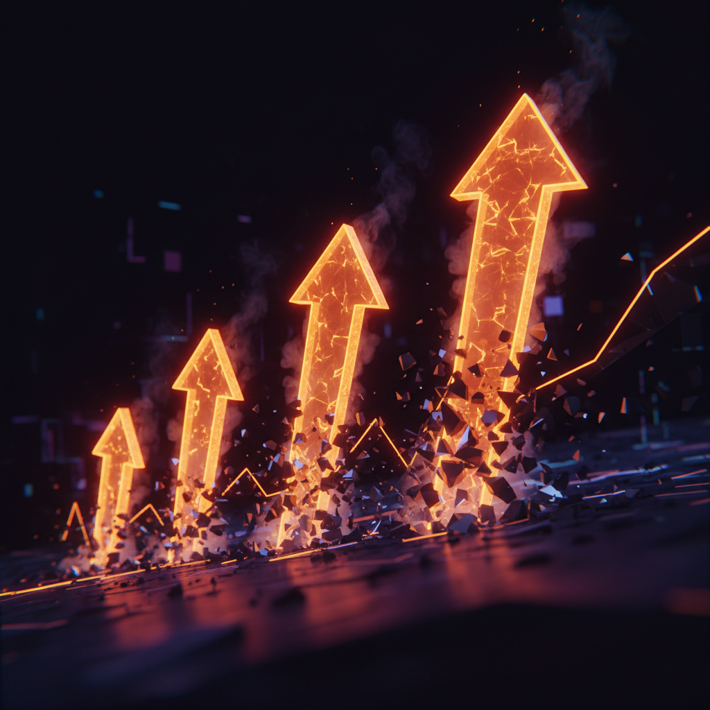 Graphic showing Bitcoin short liquidation momentum with glowing orange charts cutting through dark bear market barriers.