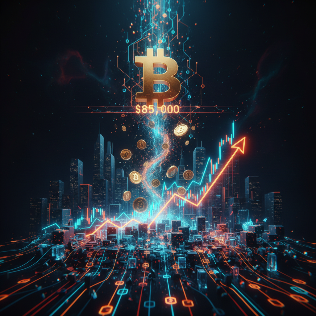 Glowing chart illustration depicting a sharp Bitcoin price breakout against a dark digital background.