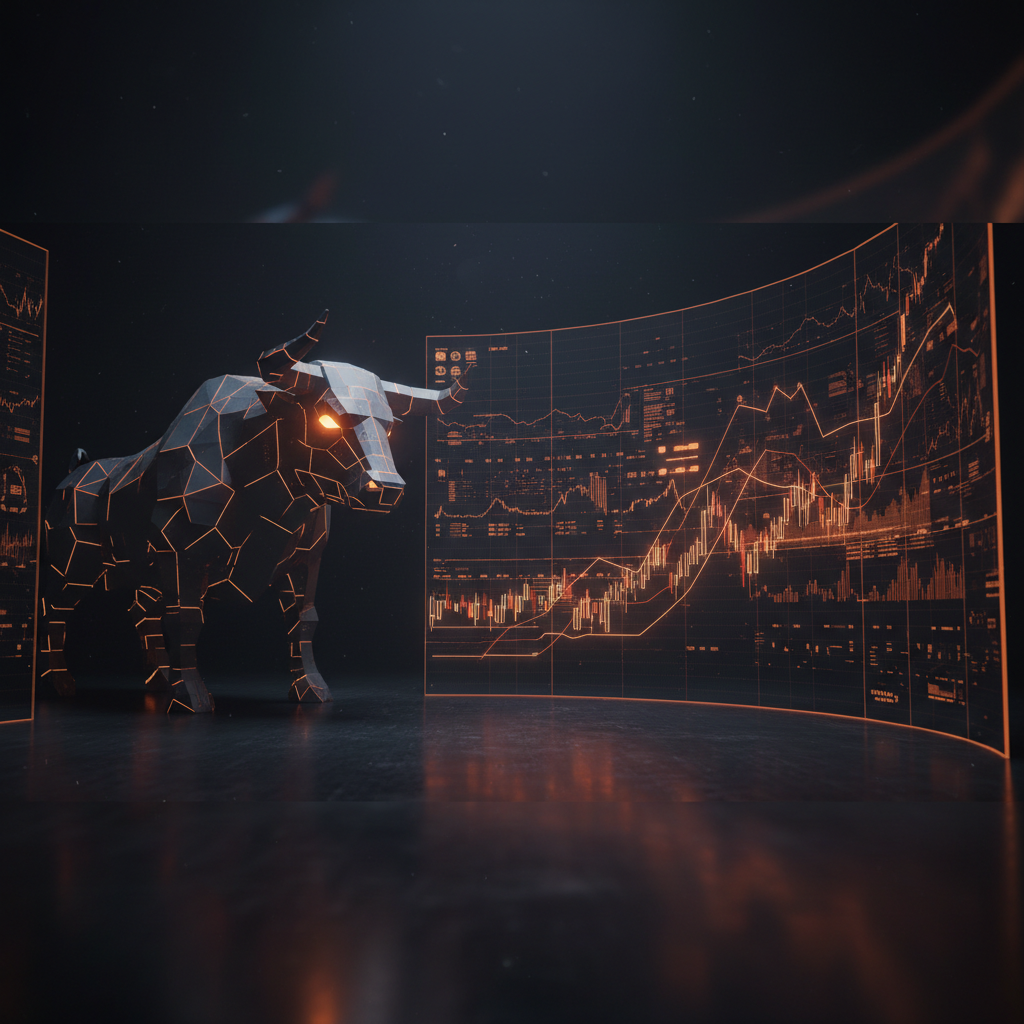 Glowing digital financial charts depicting a dramatic Bitcoin price rally in neon orange.