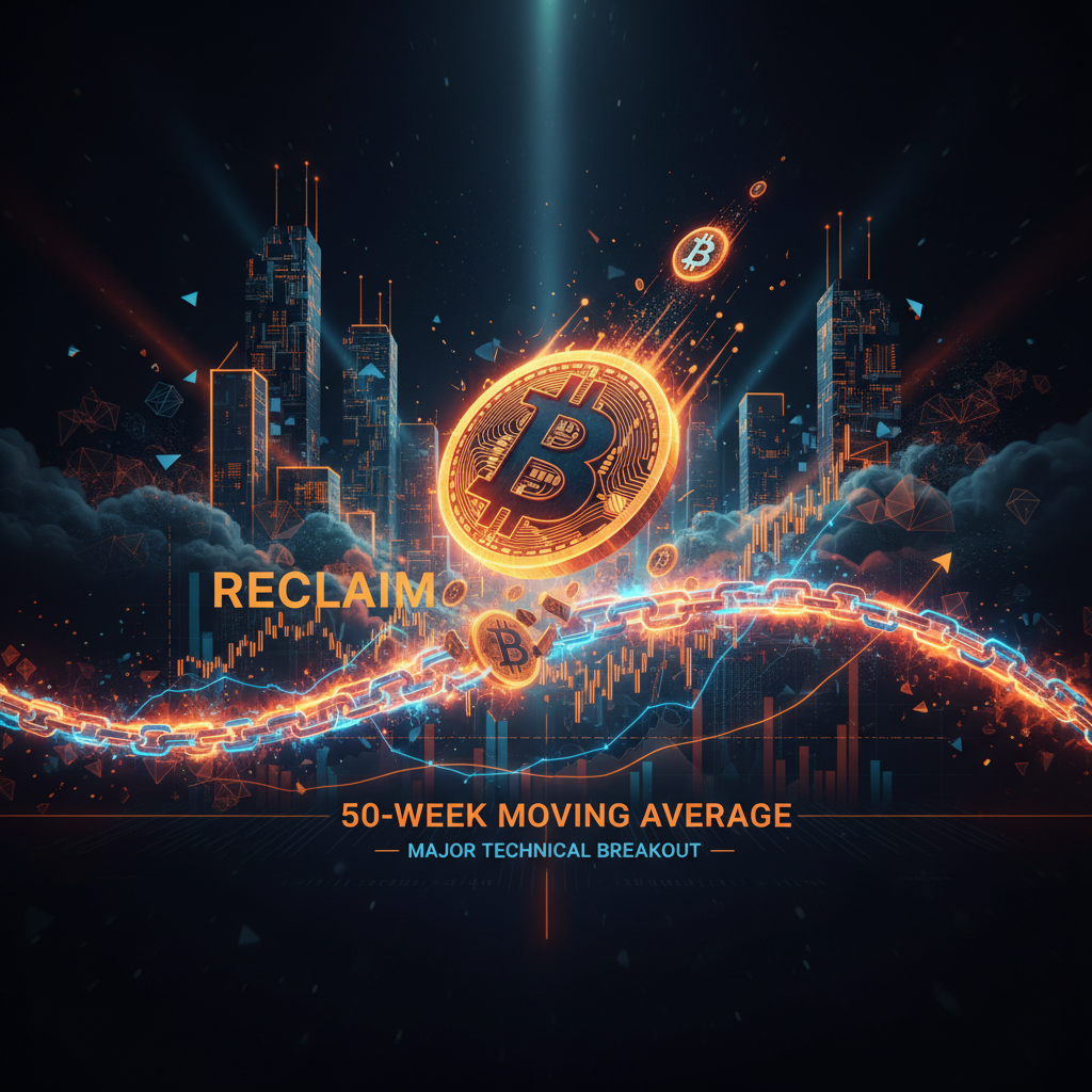 A cinematic glowing line graph highlighting Bitcoin technical indicators breaking through a major ceiling.