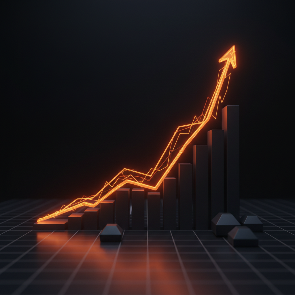 Digital financial chart showing a crypto market cap rally with orange glowing trendlines.