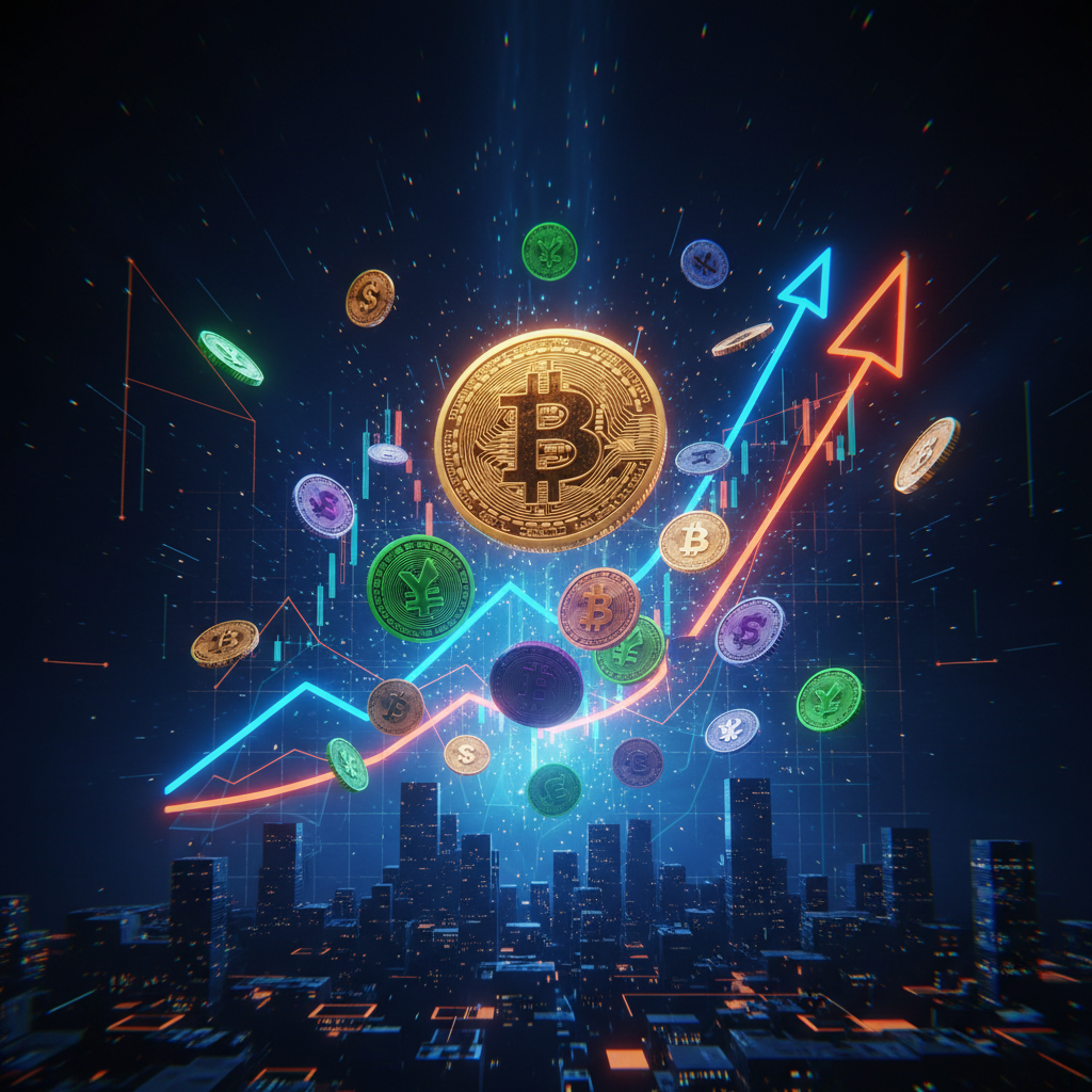 Futuristic crypto market displays visualizing a major Bitcoin price surge toward yearly peaks.