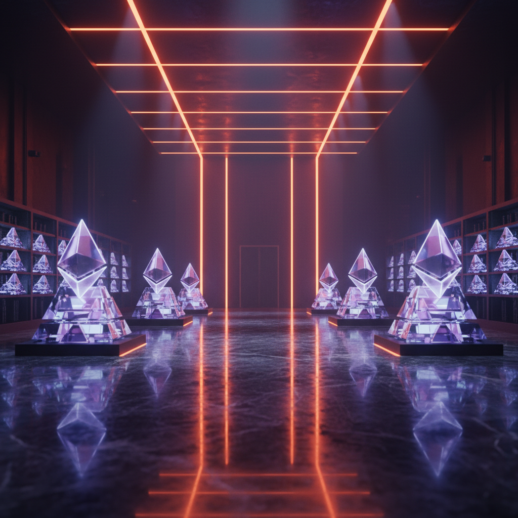Glowing Ethereum digital assets stored in a corporate vault representing a Bitmine Ethereum treasury purchase.