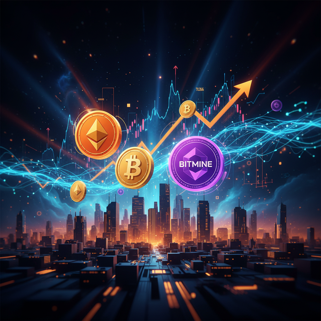 Institutional digital vault holding glowing tokens representing BitMine Ethereum holdings with orange light.