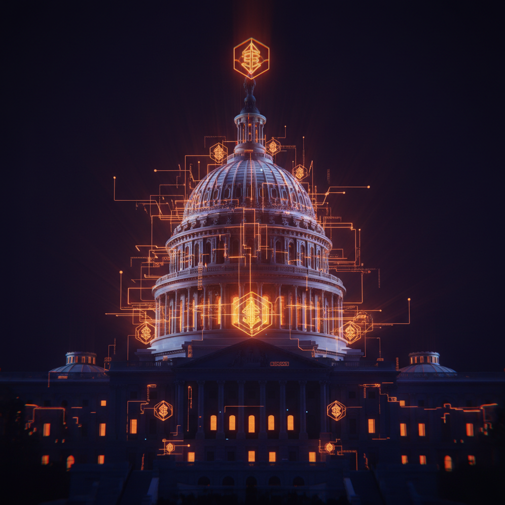 Government dome silhouette with glowing orange financial data lines depicting Fairshake PAC spending in federal politics