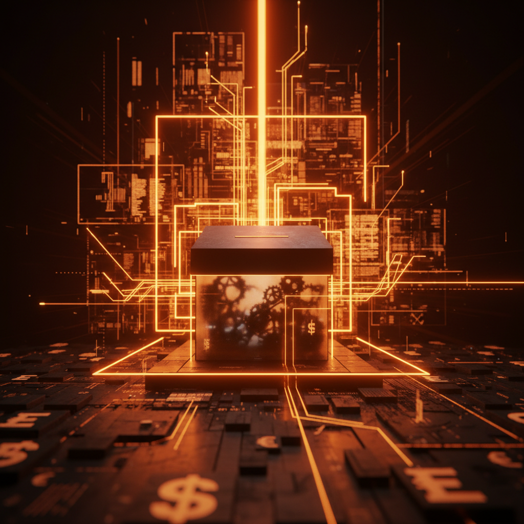 Symbolic political campaign setting illuminated with orange light representing the Fairshake crypto PAC.