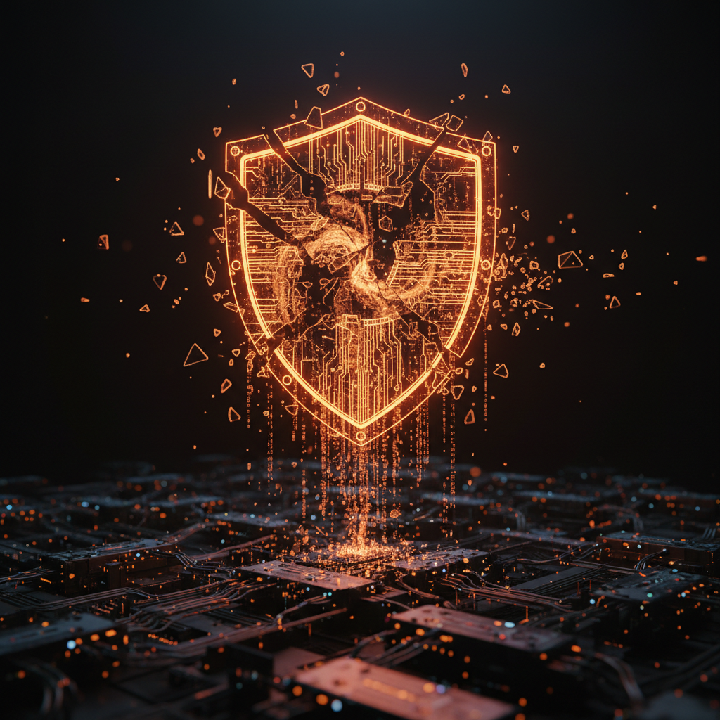 Abstract digital security network showing a Gemini AI security breach in deep orange tones
