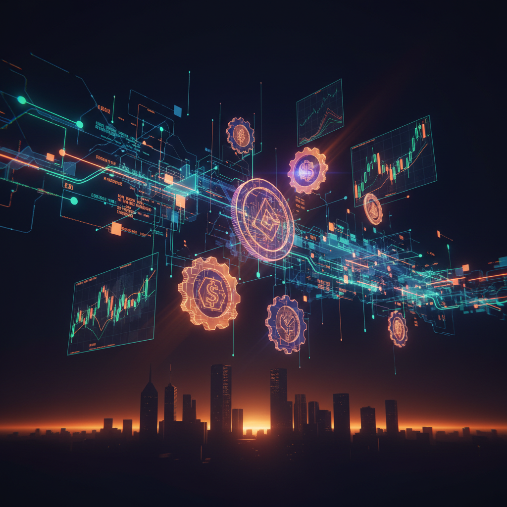 Abstract digital ledger visualization illustrating the Hana Bank digital bond settlement.