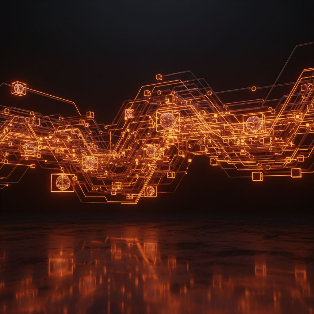 Abstract digital node network highlighting key moments in Ethereum listing history with glowing orange neon elements.