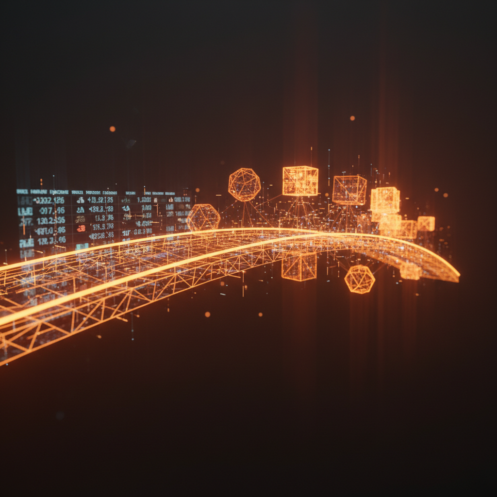 Glowing digital bridge symbolizing institutional transfers into Ondo tokenized stocks.