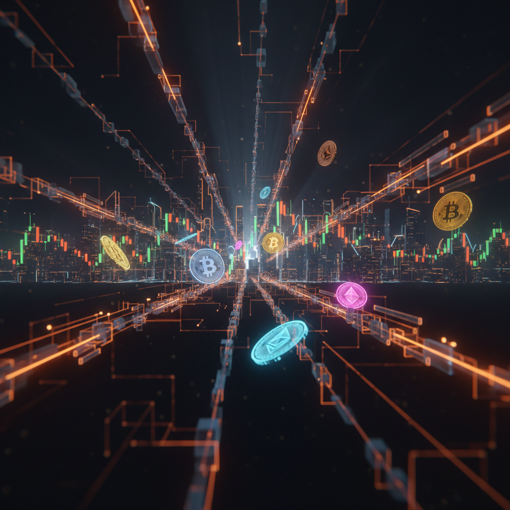 Digital prediction interface illustrating crypto prediction markets with glowing orange analytical nodes.