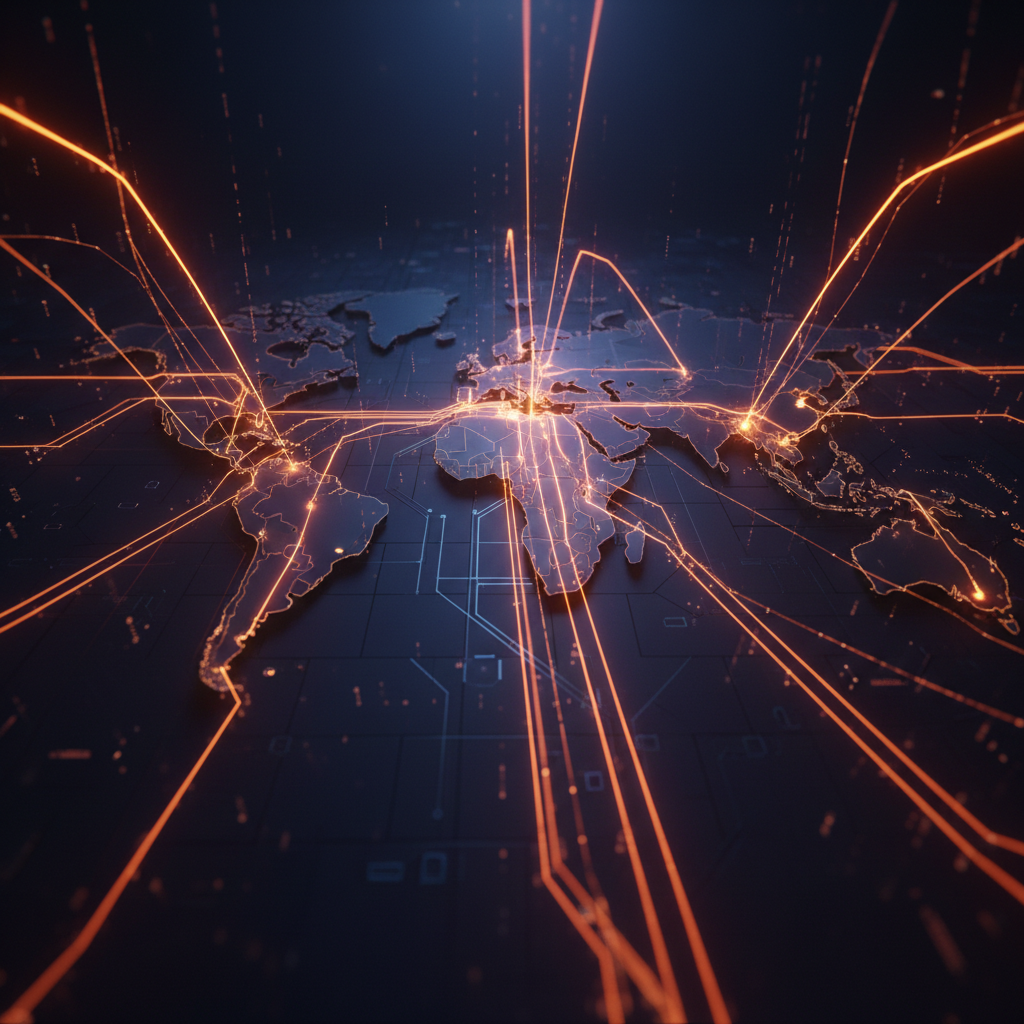 Stylized digital map illustrating rapid Russia crypto adoption with vibrant orange connections on dark backdrop.