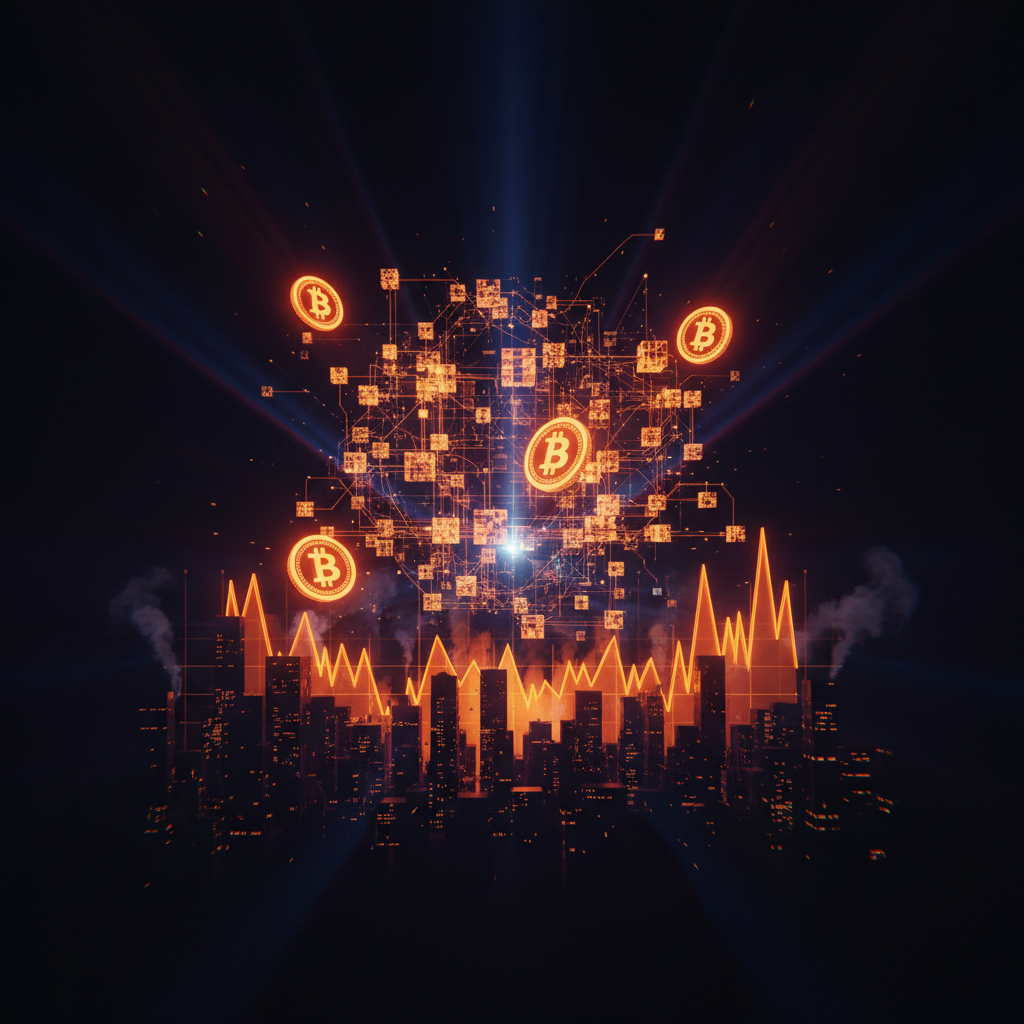 Conceptual visualization of crypto regulatory policy showing decentralized digital structures in deep space.