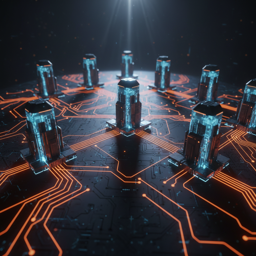 Network of secure domestic supercomputers demonstrating the sovereign AI trade with subtle orange neon lighting.