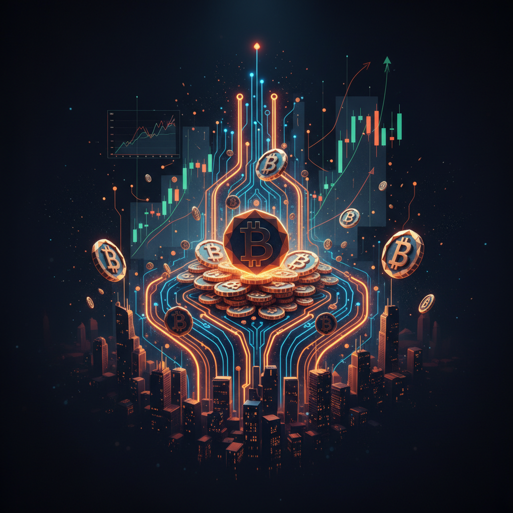 Corporate architectural towers representing institutional Bitcoin purchases against dynamic glowing market charts.