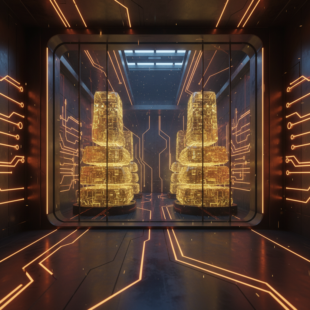 Corporate financial vault representing a massive Strategy Bitcoin purchase with orange neon lights.